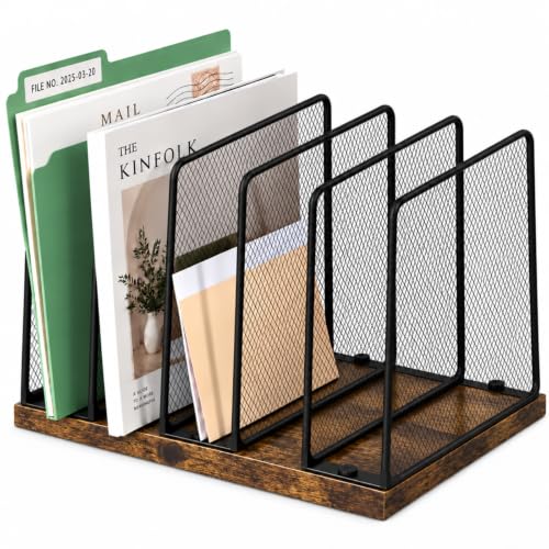 Becomrock Rustic Brown 5-Section Vertical Desk File Organizer with Wooden Base & Metal Mesh