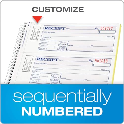 Adams Money & Rent Receipt Book, 2-Part Carbonless, 7-5/8 x 11, Spiral Bound, 200 Sets, White/Canary – 4 Receipts per Page, SC1182