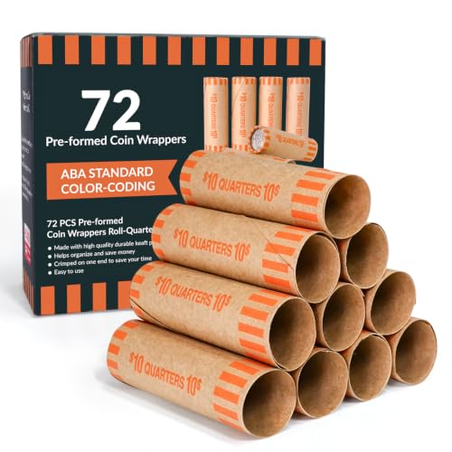 72 PCS Preformed Quarter Coin Wrappers Rolls - Orange ABA Standard, Durable Kraft Paper, Easy Seal, Bank-Grade Organization