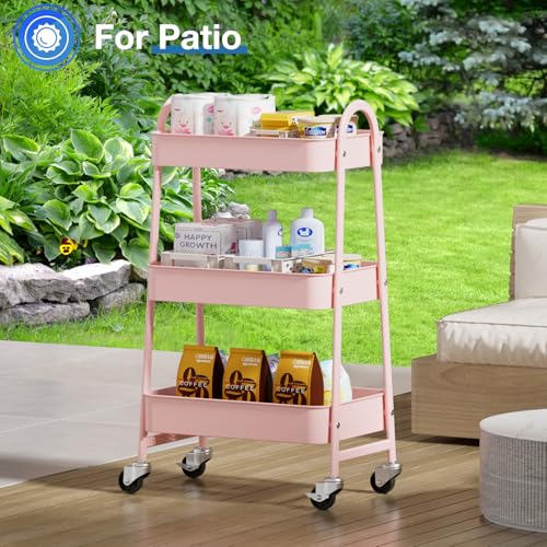 Pink 3-Tier Metal Rolling Storage Cart with Lockable Wheels - 17 Inch