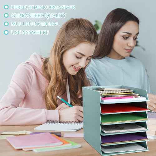 Tatuo 6 Pack Stackable Paper Trays Plastic Letter Tray Desk Organizer Paper Holder Organizer Storage Office Desk Accessories for Classroom Magazine File Documents 12.8 x 9.45 x 1.97, Blue Green
