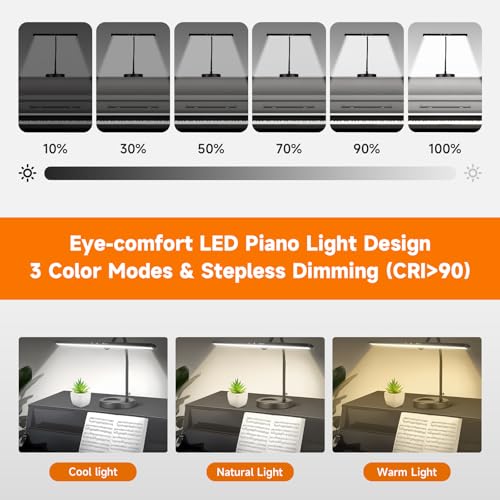 DUDUDU 17" Dimmable LED Piano Light, 2-in-1 Clamp Base Piano Lamp with Metal Music Book Clip & Flexible Gooseneck, 3 Colors Modes, Adjustable Height & Direction for Grand/Upright/Digital Pianos Black