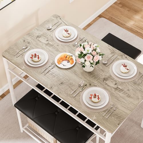 Garvee White Dining Table Set for 4 with Upholstered Bench, 2 Stools + Storage Rack