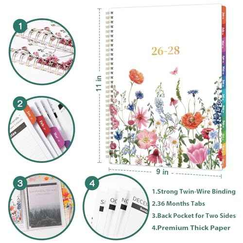 2026-2028 Monthly Planner- 3 Year Planner 2026-2028, Jan. 2026 - Dec. 2028, 3 Year Calendar 2026-2027-2028 monthly planner, 9" x 11", 36 Month Calendar with Colourful Tabs + Back Pocket - Flowers