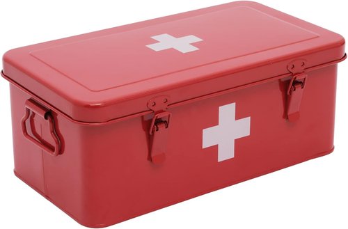 First Aid Medicine Box - Metal Storage Tin with Safety Lock for Home Emergency Kit - Red