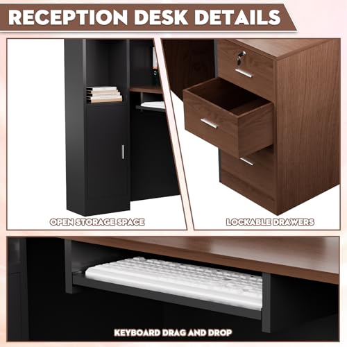 Yorkgargen Walnut & Gray L-Shaped Reception Desk 71" with Lockable Drawers & Storage