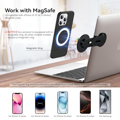 Magnetic Phone Holder for Laptop for MagSafe for iPhone 17/16/15/14/13/12 & All Phones, 180¡ÆAdjustable Phone Side Mount for Computer Monitor for Tesla, Desktop Cell Phone Bracket (Black)