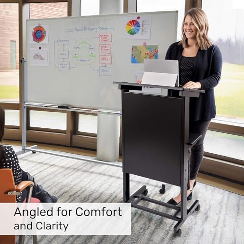 S Stand Up Desk Store Mobile Adjustable Height Lectern Podium – Black Frame, Black Shelves
