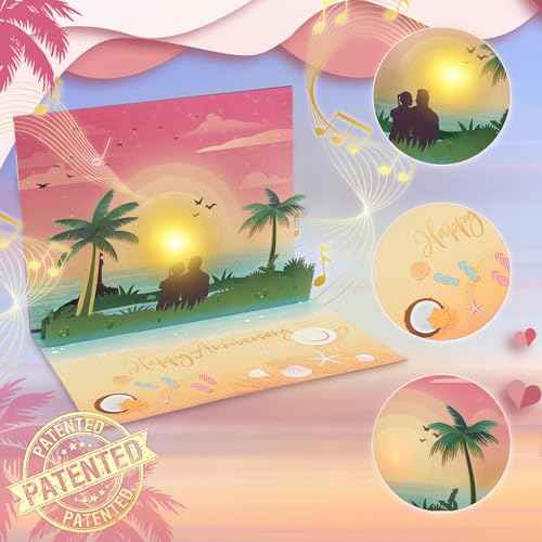 Anniversary Pop up Cards, Musical Anniversary Card with Sunset on the Beach View, Beach Vacation Invitation Card for Women Men Couple Wife Husband