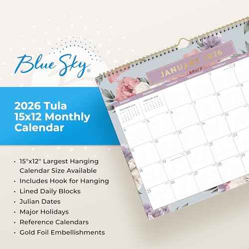Blue Sky 2026 Monthly Wall Calendar, January 2026 - December 2026, Durable Twin Wire Binding, 15" x 12", Perfect For Home, Office And Classrooms, Tula