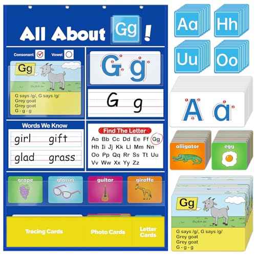 Alphabet Learning Pocket Chart, Circle Time Learning Center Alphabet Flash Cards ABC Wall Chart Letter Game for Toddler Kids Homeschool Supplies Preschool Kindergarten Classroom Must Haves