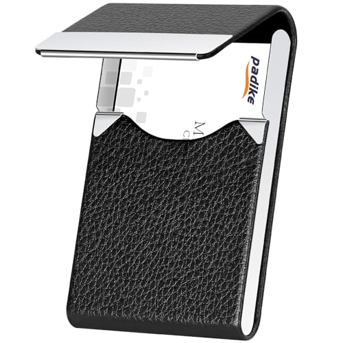 Padike Black PU Leather Business Card Holder Slim Metal Pocket with Magnetic Closure