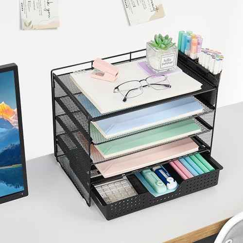 5-Tier Paper Organizer Letter Tray with Drawer & 2 Pen Holders, Desk Organizer and Accessories for Desktop File Workspace Organization, Office Desk Accessories Office Supplies Storage (Black)