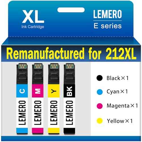 LEMERO Remanufactured Ink Cartridge Replacement for Epson 212XL 212 XL T212 Work with Workforce WF-2850 WF-2830 Expression Home XP-4100 XP-4105 Printer (Black, Cyan, Yellow, Magenta, 4-Pack)