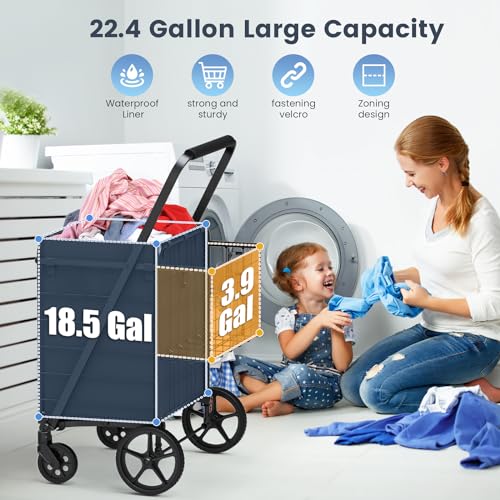 Folding Shopping Cart with Waterproof Bag, Grocery Cart with Encrypted Mesh Bottom, 23 Gal Double Basket & 360¡Æ Swivel Wheels, 260 Lbs Heavy Duty Shopping Carts for Groceries, Laundry