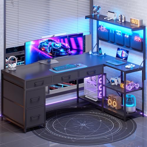 SEDETA Black Reversible L-Shaped Gaming Desk with LED Lights & Storage