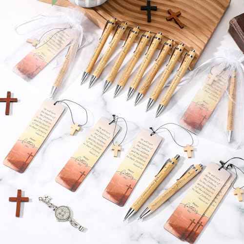 Spakon 75 Sets Father's Day Christian Gift with Bible Verse Bamboo Pen Religious Bookmarks Wooden Scripture Bookmarks with Organza Bags Christian Gifts for Dad Pastor Church Group Favor