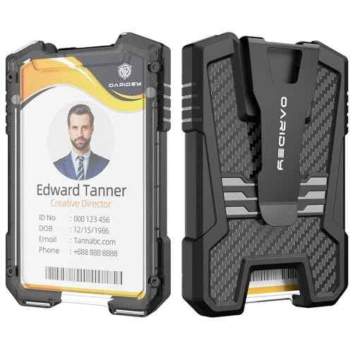 Oaridey Carbon Fiber Badge Holder/ID Card Holder/Portable Travel Wallet with Manganese Steel Clip, Heavy Duty Vertical Clear ID Holder for Work ID, Credit Cards