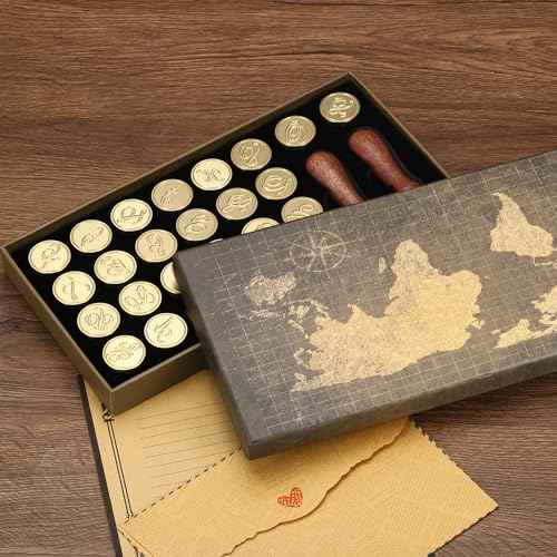PATIKIL Alphabet Wax Seal Stamp Kit, 26 Letters A-Z Sealing Wax Stamp with 2pcs Wooden Handles, Gift Box Letter Initial Brass Head Vintage, Style 3