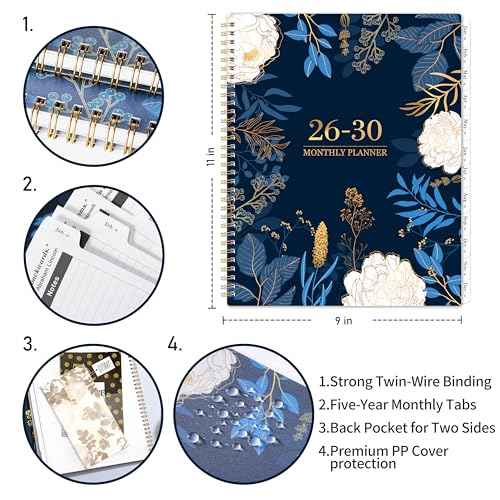 2026-2030 Monthly Planner - 5 Year Planner/Calendar 2026-2030, 11" x 9", 2026 Calendar Planner, Jan 2026 - Dec 2030, Tabs, Back Pocket, Holidays, Twin-Wire Binding, Note Pages