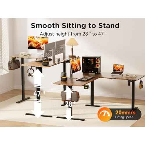 63X55 Inches Reversible L Shaped Standing Desk Height Adjustable with Cup Holder, Electric Corner Computer Desk, Sit Stand up Home Office Desk, Ergonomic Gaming Desk, Rustic Brown