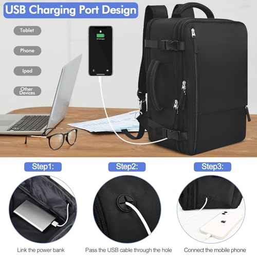 Travel Laptop Backpack Carry On Backpack for Men Women Flight Approved College School Computer Bag for Business Hiking Personal Item Backpack Fits 17.3 Inch Notebook Black