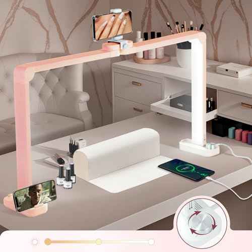 Nail Desk Lamp,34In Led Nail Light for Desk with USB Ports,Phone Holder & Stepless Dimming,6000K Half Moon Table Light for Eyelash Extension, Tattoo, Eyebrows(Pink)