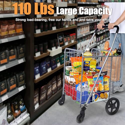 Whitmor Utility Folding Shopping Cart, 115L Heavy Duty Grocery Cart with Double Basket, 360¡Æ Swivel Wheels, Foldable Rolling Utility Trolley, 110 Lbs Capacity for Grocery, Laundry, Travel, Sliver