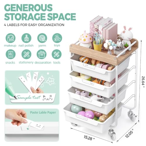 SYKIARIOL White 4-Drawer Rolling Craft Storage Cart with Lockable Wheels