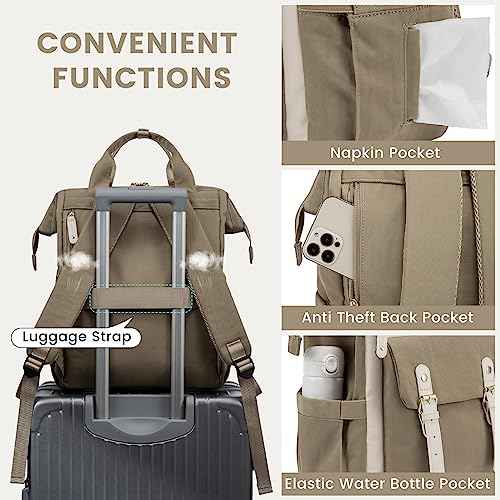 LOVEVOOK Laptop Backpack For Women, Travel Backpack Purse for Women, Nurse Work Bags Teacher Business Laptop Bag, College Backpack, Waterproof Wide Open Computer Back pack, 15.6 Inch, Khaki-Beige