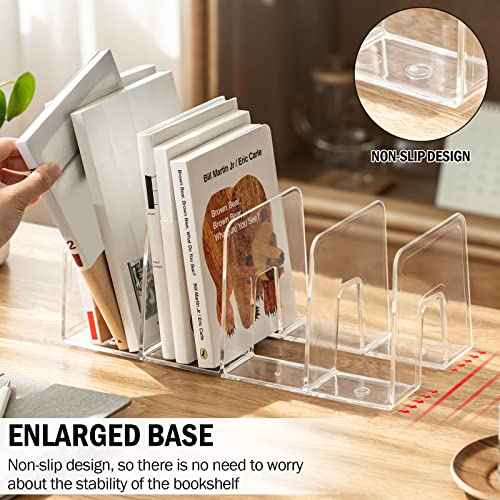 Clear Desktop Book Organizer, Creative Book Stand, Divider Bookshelf for Home School and Office, Non-Acrylic Stand Bookshelves (4 Sections), Transparent, Pack of 2