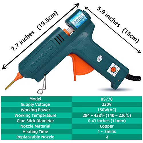 Boswell 150W Full-Size Hot Glue Gun Set with 6 Copper Nozzles – Includes 5 Glue Sticks & Wrench (Set2)