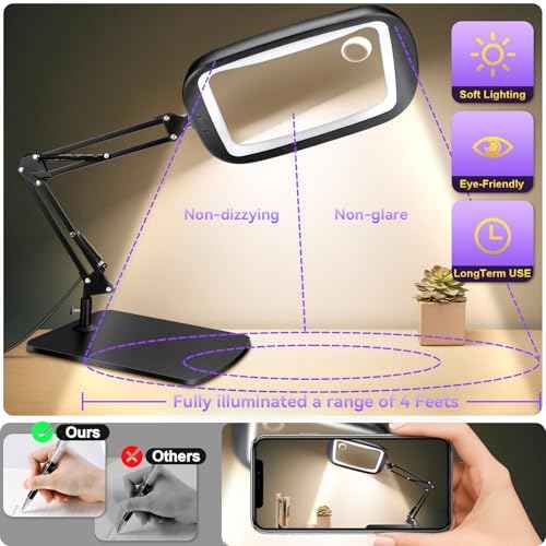 10X 30X Extra Large Magnifying Glass with Light and Stand,7-inch Lighted Magnifier,5 Color Modes Stepless Dimmable,Rectangle Hands-Free Magnifying Glass Desk Lamp for Reading Craft Hobby Close Work