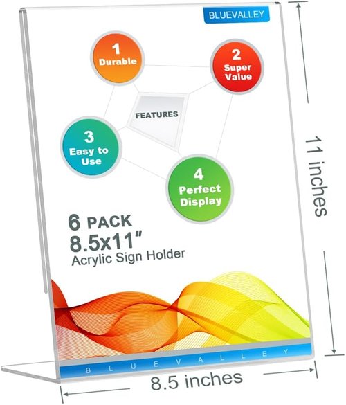 BlueValley Acrylic Sign Holder - 8.5 x 11 Vertical Clear Display Stand | Free-Standing Frame for Flyers, Menus, and Documents - 6-Pack