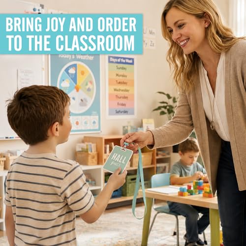 Pastel Classroom Hall Passes - 6 Durable Wooden Student Bathroom Pass Lanyard Set