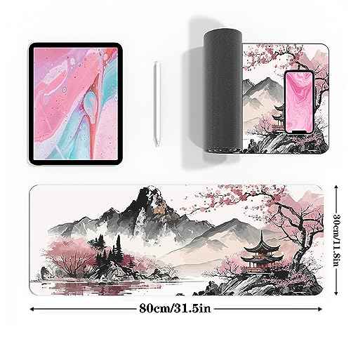 Watercolor Cherry Blossom Large Gaming Mouse Pad,Mouse Pad Gaming 31.5 x 11.8 in Mouse Mat Desk Pad,Large Desk Mat,Extended Keyboard Mousepad with Non-Slip Base and Stitched Edge for Desk Home Office
