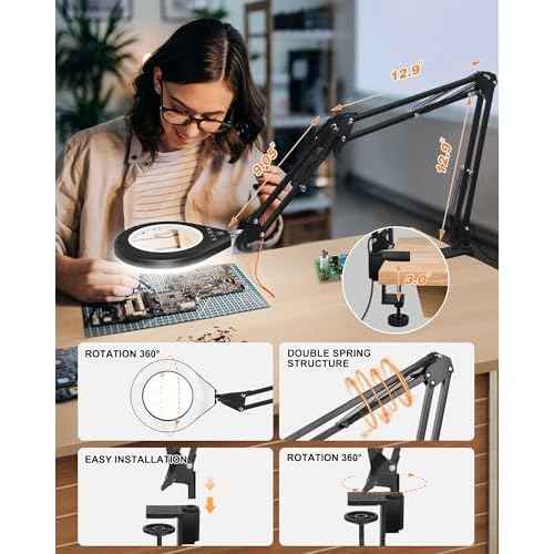 10X & 5X Magnifying Glass with Light, Ultra Long Swing Arm, 5 Colors & 10 Brightness, Real Glass Lens Large Magnifying Lamp for Craft Painting Workbench Jewelry Making Hobby Close Work (White)
