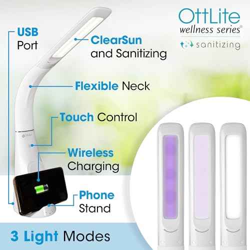 OttLite Purify LED Sanitizing Desk Lamp with Wireless Charging ? Eliminates up to 99.9% of Bacteria, Touch Activated, Flexible Neck, Modern Light for Reading, Crafting & Office Desktop