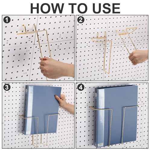4 Pair Pegboard Display Shelves Expandable Width Metal Magazine Holder Hanging Wall File Organizer Pegboard Accessories Wall Decor for Pantry Exhibitions Trade Show Retail Store(Gold)