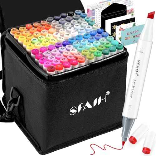 SFAIH Alcohol Markers Fine & Chisel - 101 Colors Double Tipped Art Markers for Adult Coloring Sketch Illustration Comics, Gifts for Artist Adult - Greeting Card & Faux Leather Lining, Refillable Ink