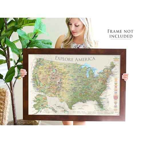 USA Map Poster With National Parks with USA Travel Destinations - Nautilus Edition US Travel Map Wall Posters - National park checklist (36W x 24H inches)