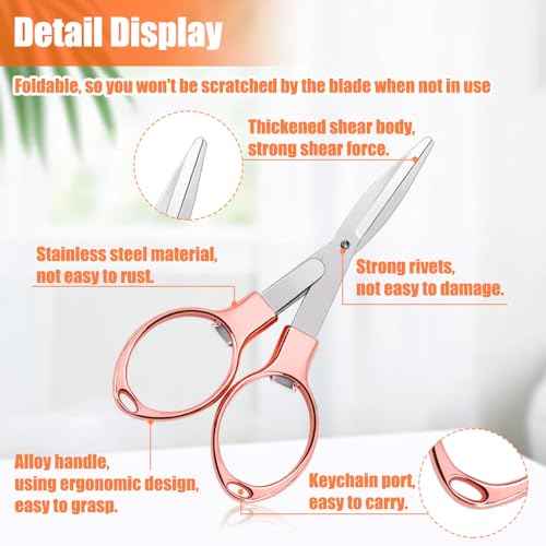 2PCS Folding Scissors, Portable Travel Scissor, Gift for Men Glasses Shaped Mini Shear Telescopic Cutter, Anti Rust Stainless Steel Scissors for Fishing Sewing Home Office (Rose Gold, Gold)