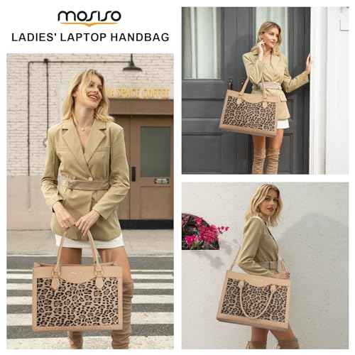 MOSISO Laptop Tote Bag with Large Capacity, 15.6 inch PU Leather Leopard Grain Laptop Bag for Women & Clutch Purse, Waterproof Computer Bags Work Briefcase for Business Teacher Office College, Apricot