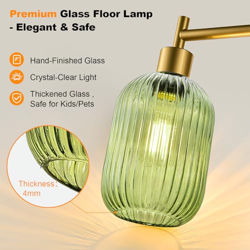 ¡¼Upgraded¡½ Dimmable Glass Floor Lamp for Living Room, Modern Gold Standing Lamp with Green Ribbed Glass Lampshade & Knob Dimmer, Arc Tall Lamp for Bedroom Office Reading Room, 2700K Led Bulb Included