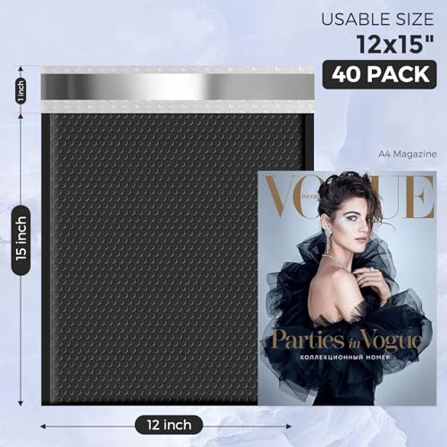METRONIC Black Large Bubble Mailers 12x15 Inch - 40 Pack Padded Envelopes