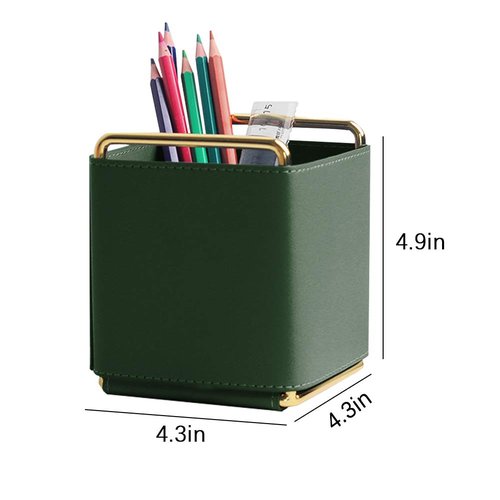 Kelendle Leather Pencil Holder Desktop Organizer Iron Art Desktop Makeup Brush Remote Control Storage Box Office Pen Holder for Desk Green