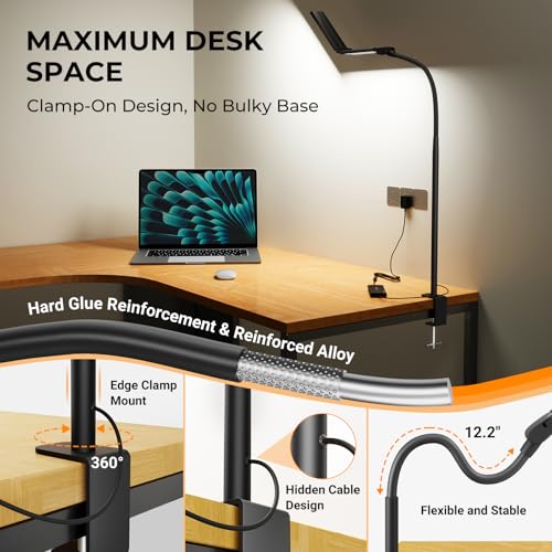 Black Adjustable LED Desk Lamp with Clamp - Home Office Swing Arm Light