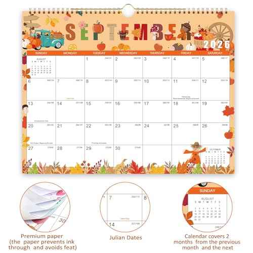 2026 Calendar - 2026 Wall Calendar, Jan. 2026 - Dec. 2026, 14.6'' x 11.4", 12 Months Hanging Monthly Calendar 2026, Holidays, Large Block, Twin-Wire Binding- 12 Different Themes
