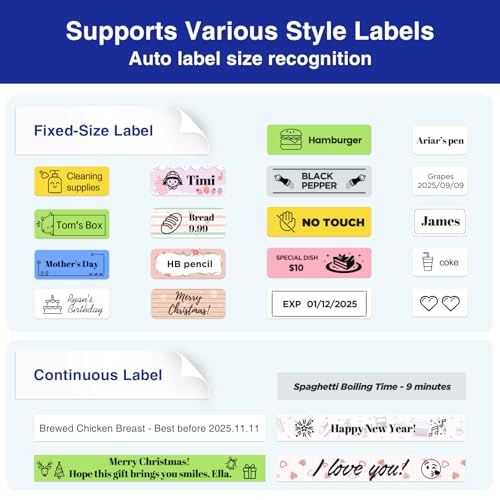 SUPVAN E11 Bluetooth Label Maker Machine with 4 Tapes, Support Keyboard & App with 40 Fonts and 450+ Icons, Rechargeable Inkless Labeler for Home, Kitchen, Office, School Organization, Black