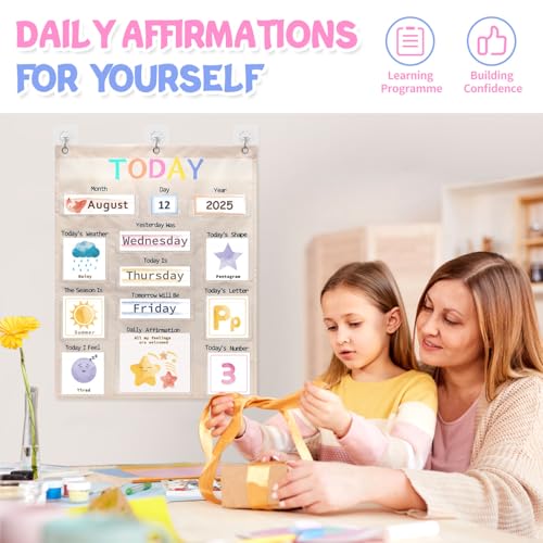 Daily Morning Board Circle Time Calendar Weather Seasons Positive Affirmations Letter Shape Number of the Day Pocket Chart,Toddler Preschool Calendar,Homeschool Morning Work Activity, Pastel Design